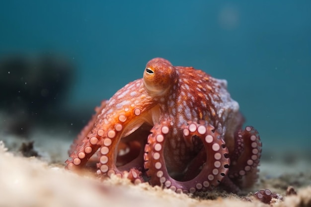 Um polvo senta-se na areia em frente a um fundo azul.