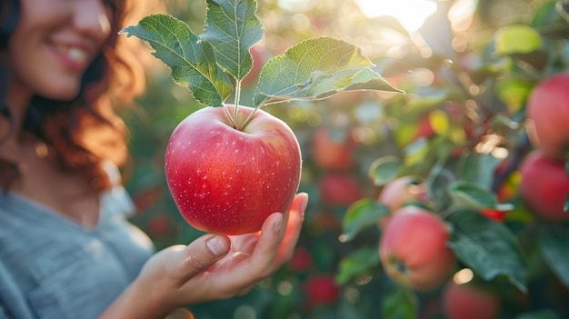 Um pomar com pessoas colhendo maçãs maduras de uma árvore