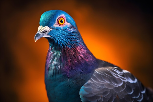 Um pombo colorido com cabeça azul e roxa e olhos laranja.