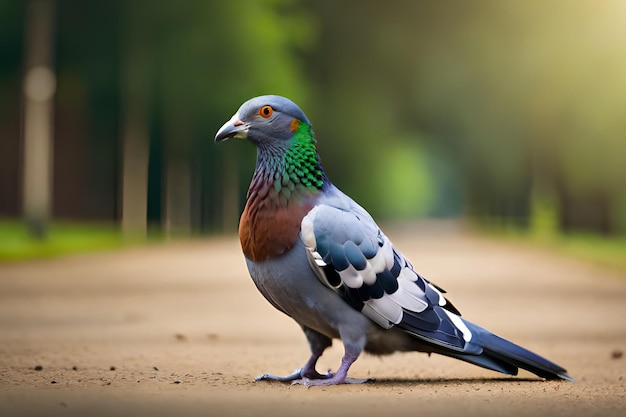 Um pombo com um olho verde senta-se em uma estrada de terra.