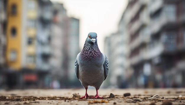 Um pombo de pé em um chão na cidade Pombo de pé pomba ou pombo em fundo borrado