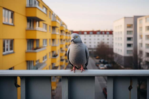 um pombo está parado em uma grade em frente a um prédio