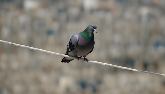 um pombo senta-se em um fio com um fundo desfocado