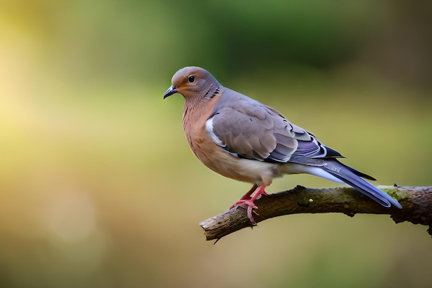 Um pombo senta-se em um galho com um fundo desfocado.