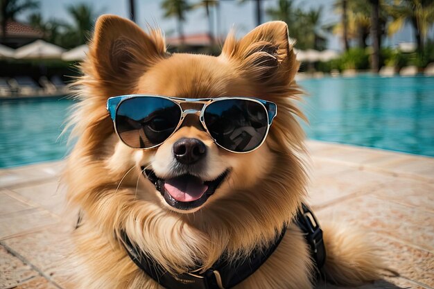 Foto um pomeranian alemão com óculos de sol está relaxando na praia junto ao mar e na piscina do hotel viajando com um cão estressado para uma fuga de animal de estimação do calor gerado pela ia