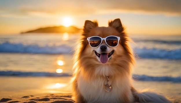 Um Pomeranian feliz com óculos de sol sob a praia afundada da Califórnia