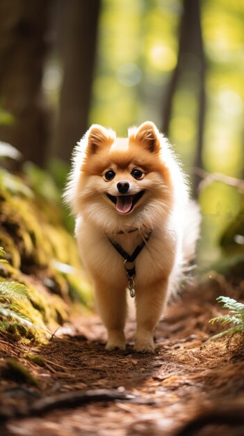 Foto um pomeranian fofinho caminhando em uma trilha da floresta com uma coleira verde