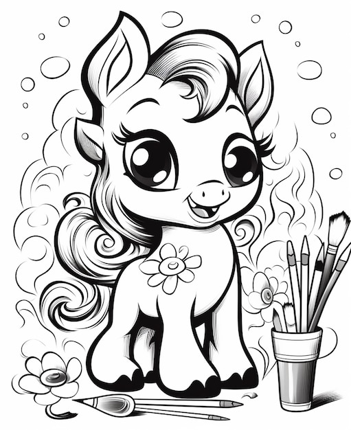 Foto um pônei de desenho animado com um vaso de flores e lápis generativos ai
