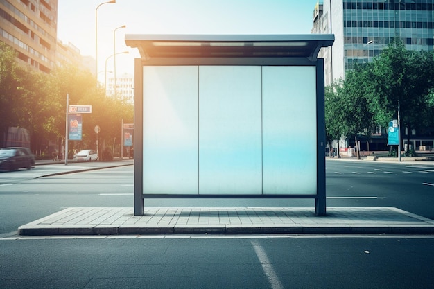 Um ponto de ônibus com um grande outdoor em branco na calçada com Generative AI