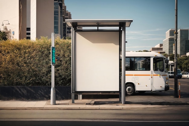 Um ponto de ônibus com um ônibus estacionado ao lado