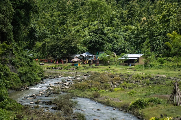 Um ponto turístico da vila em debotakhum bandarban área de selva montanhosa com árvores longas e fluxo de água paisagem rural com pequenas casas e árvores verdes um pequeno rio ao lado de um ponto turístico e floresta