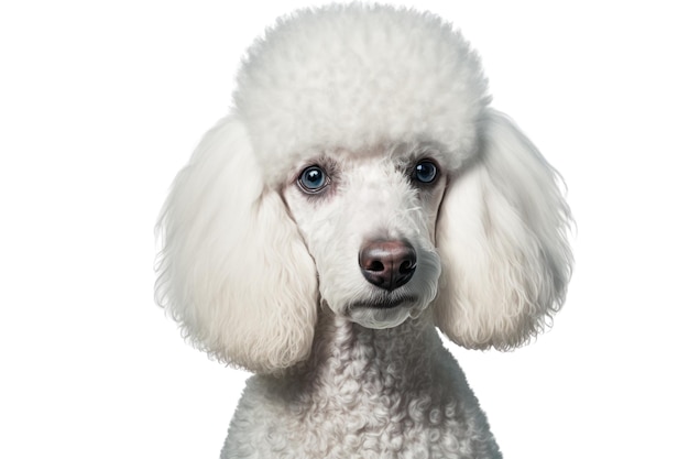 Um poodle com olhos azuis está olhando para a câmera.