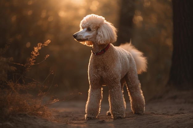 Um poodle fica ao sol em um parque