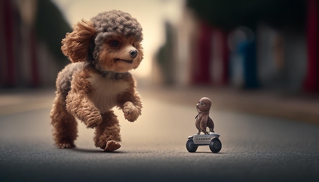 Foto um poodle perseguindo esquilo em patins cinematic