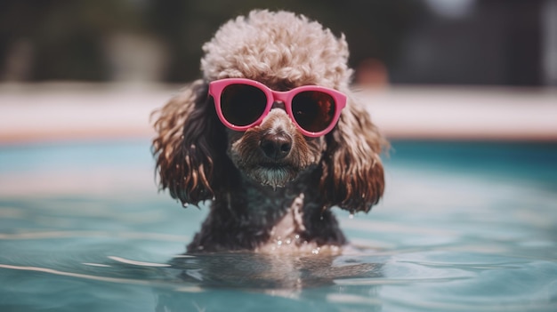 Um poodle usando óculos escuros em uma piscina