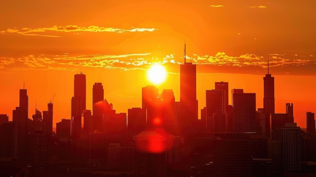 Um pôr-do-sol brilhante sobre as silhuetas dos arranha-céus da metrópole