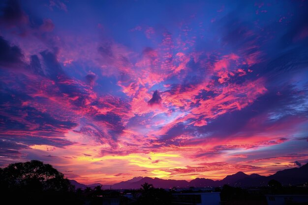 Um pôr-do-sol colorido com nuvens e montanhas ao fundo