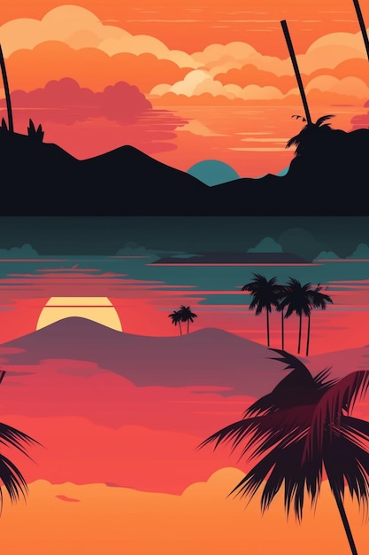 Um pôr-do-sol colorido com palmeiras e montanhas ao fundo.