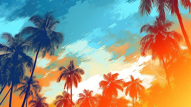 Um pôr-do-sol colorido com palmeiras em primeiro plano