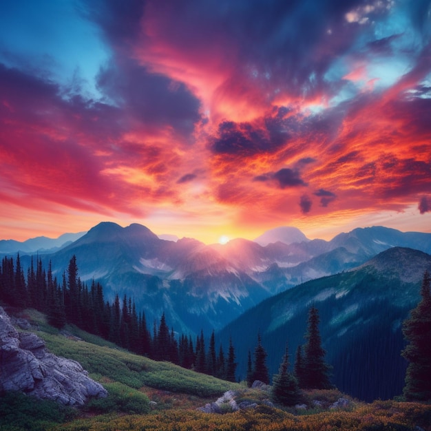 Um pôr do sol colorido com uma montanha ao fundo