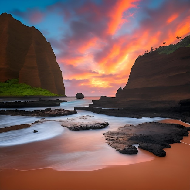 Um pôr do sol colorido com uma praia de areia vermelha e uma grande formação rochosa.