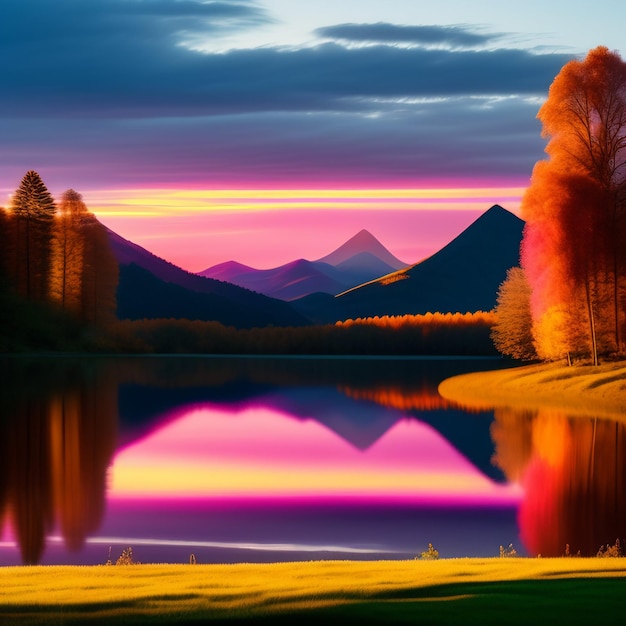 Um pôr do sol colorido é refletido em um lago com montanhas ao fundo