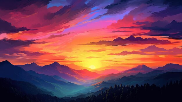 Um pôr do sol colorido elevando-se sobre uma cordilheira visível à distância As mudanças tonais no céu e a silhueta das montanhas oferecem um banquete visual Criado com Generative AI