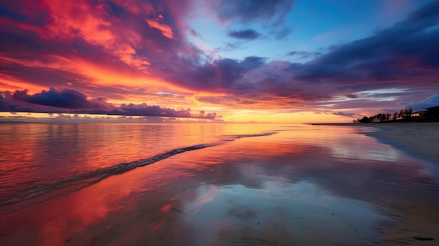 Um pôr do sol colorido sobre o oceano com nuvens refletidas na água ai