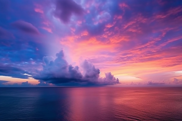 Um pôr do sol colorido sobre o oceano com um céu roxo e laranja.