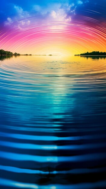 um pôr do sol colorido sobre um lago com o sol se pondo atrás dele.