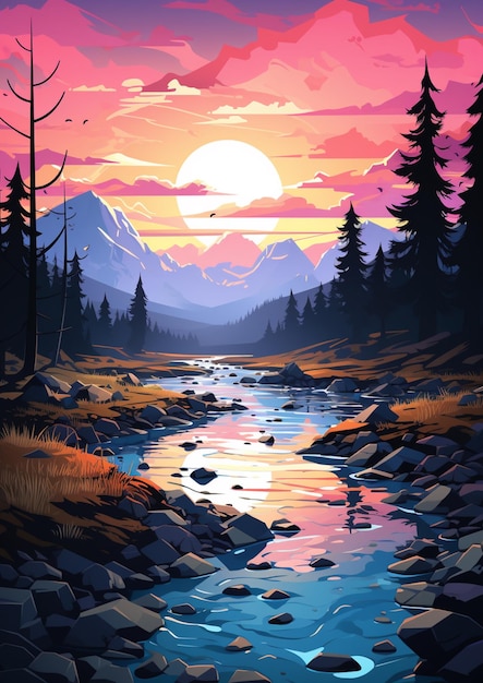 um pôr do sol colorido sobre um rio de montanha com pedras e árvores geradoras de IA