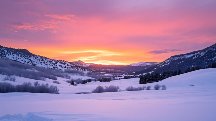 Foto um pôr-do-sol colorido sobre uma cordilheira coberta de neve