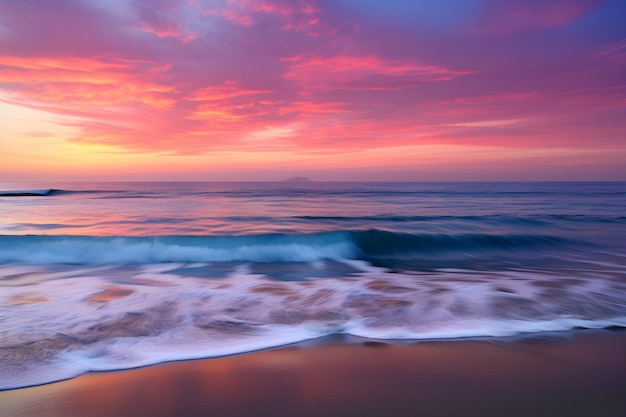 Um pôr do sol colorido sobre uma praia com um céu rosa e roxo e ondas quebrando na costa.