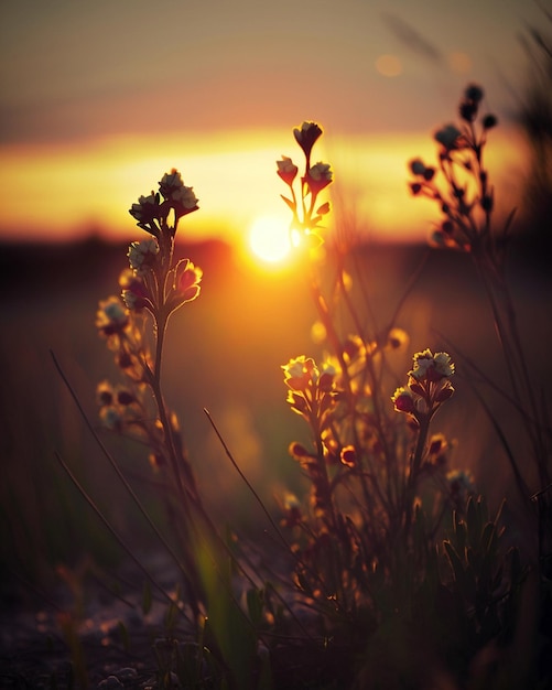 Um pôr do sol com algumas flores em primeiro plano