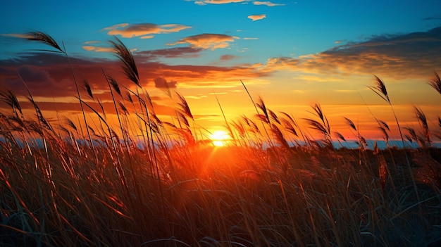 um pôr do sol com algumas nuvens e um pouco de grama