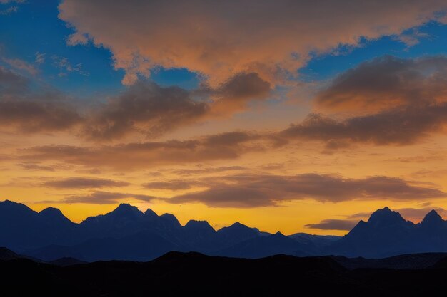 Um pôr do sol com as montanhas ao fundo