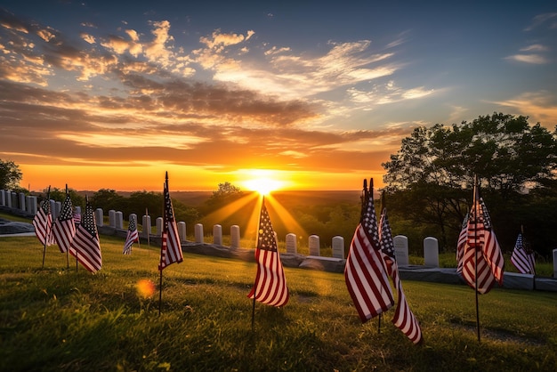 Um pôr do sol com bandeiras americanas em primeiro plano