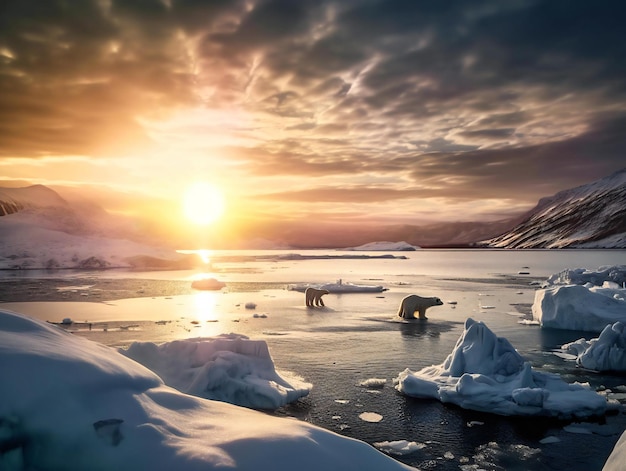 Foto um pôr do sol com dois ursos polares no gelo e o sol está se pondo.