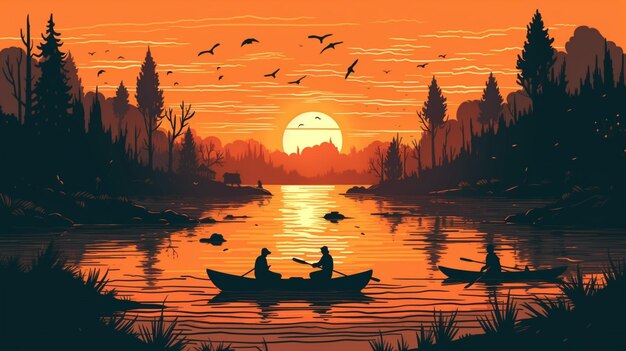 Um pôr do sol com duas pessoas em uma canoa