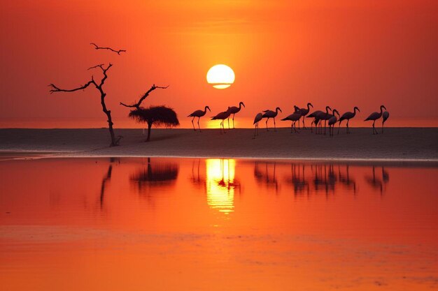 um pôr-do-sol com flamingos e flamingos ao fundo