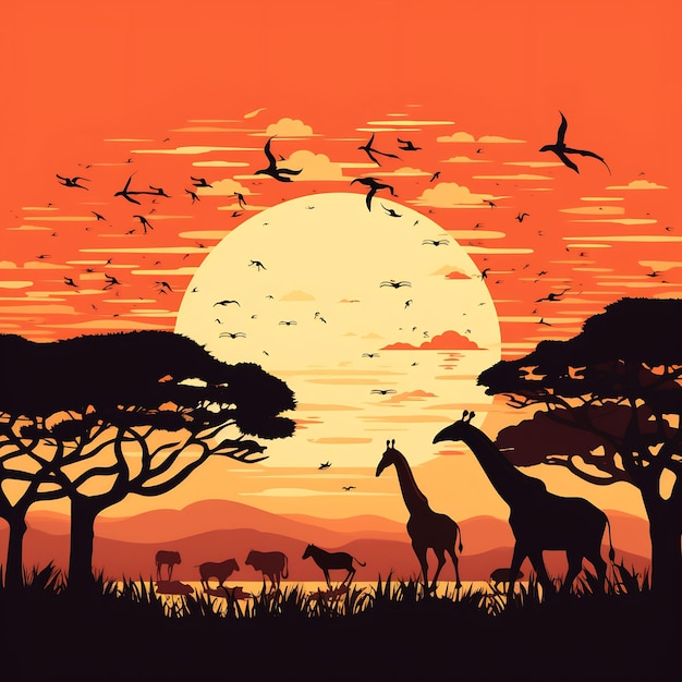 um pôr-do-sol com girafas e girafas em primeiro plano