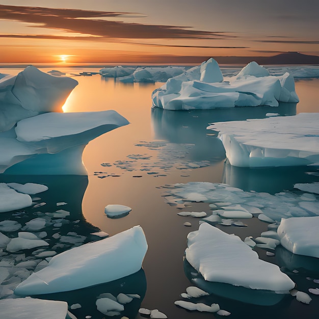 um pôr-do-sol com icebergs e o oceano ao fundo