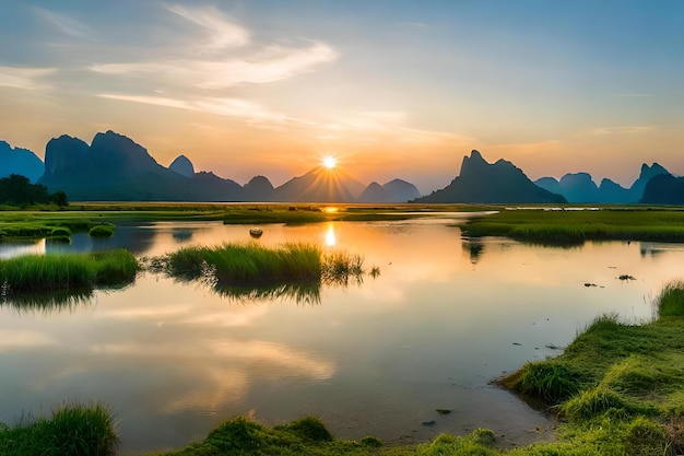 Um pôr-do-sol com montanhas ao fundo e um lago em primeiro plano.