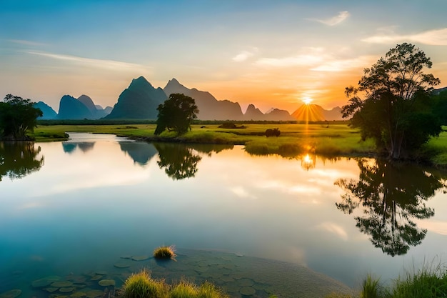 Um pôr-do-sol com montanhas ao fundo