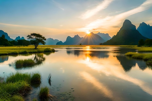 Um pôr-do-sol com montanhas ao fundo