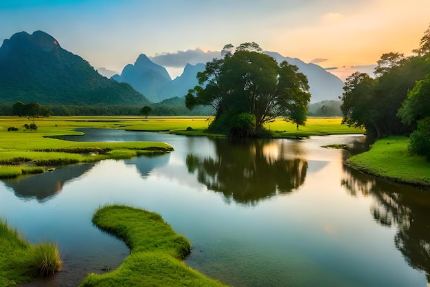 Um pôr do sol com montanhas e um lago ao fundo