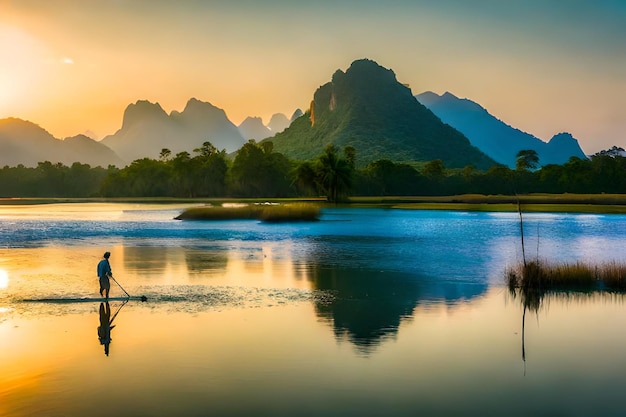 Foto um pôr-do-sol com montanhas e um lago com uma vara de pesca