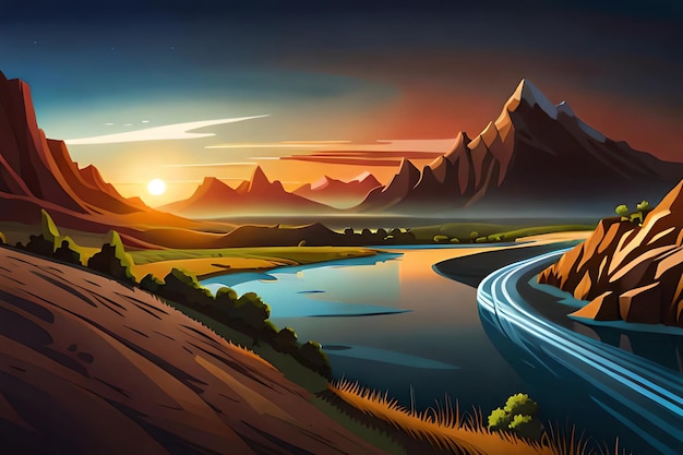 Um pôr do sol com montanhas e um rio em primeiro plano.