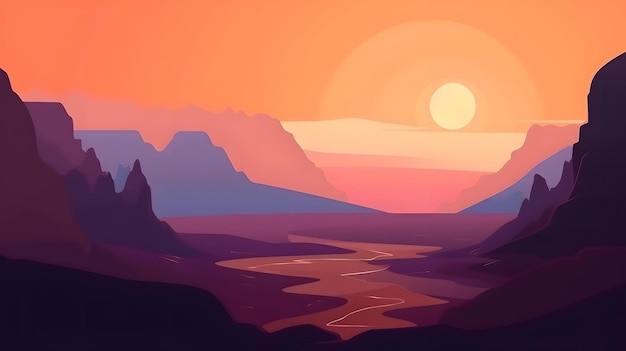 Um pôr do sol com montanhas e um rio em primeiro plano