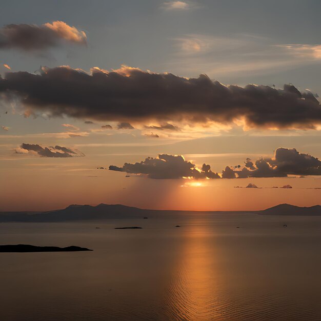 um pôr-do-sol com nuvens e montanhas ao fundo